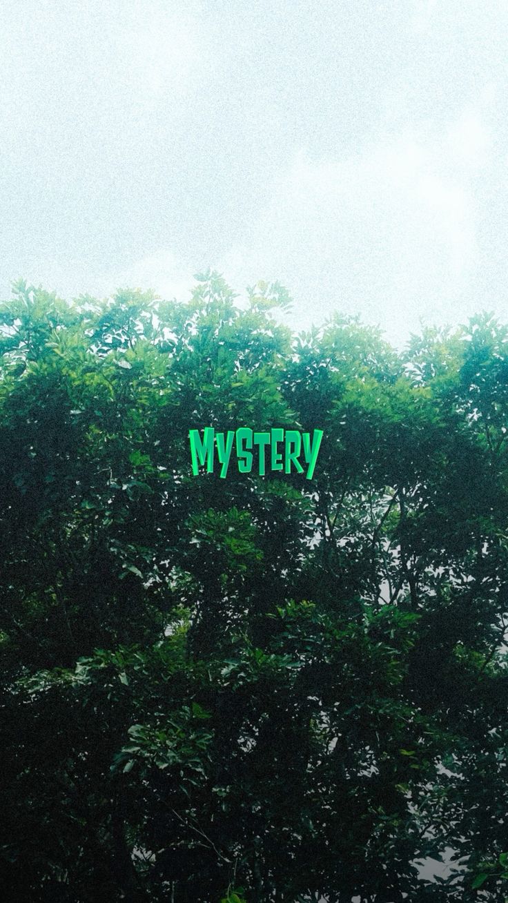"Mystery" in small green letters over the tops of dense green trees under a pale sky.