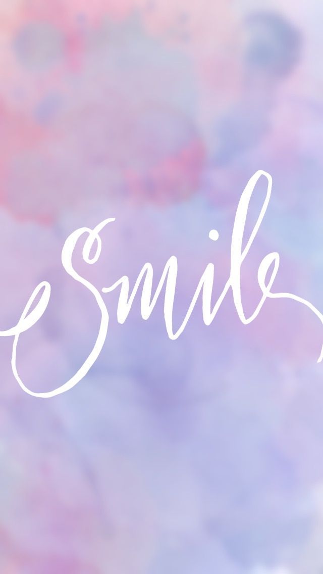 "Smile" in large white script on soft pink and lilac watercolour.