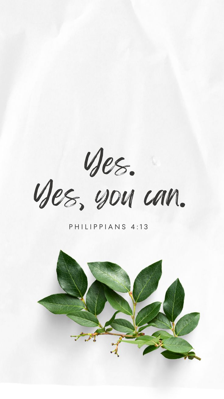 "Yes. Yes, you can." and "Philippians 4:13" in dark script above a sprig of green leaves on white.