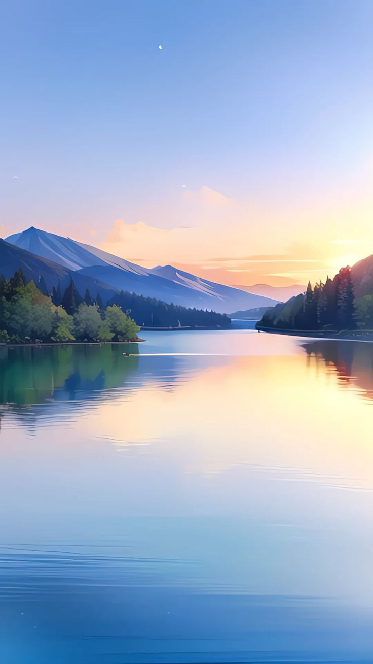 A mountain lake reflecting a pastel sunset and pine trees.