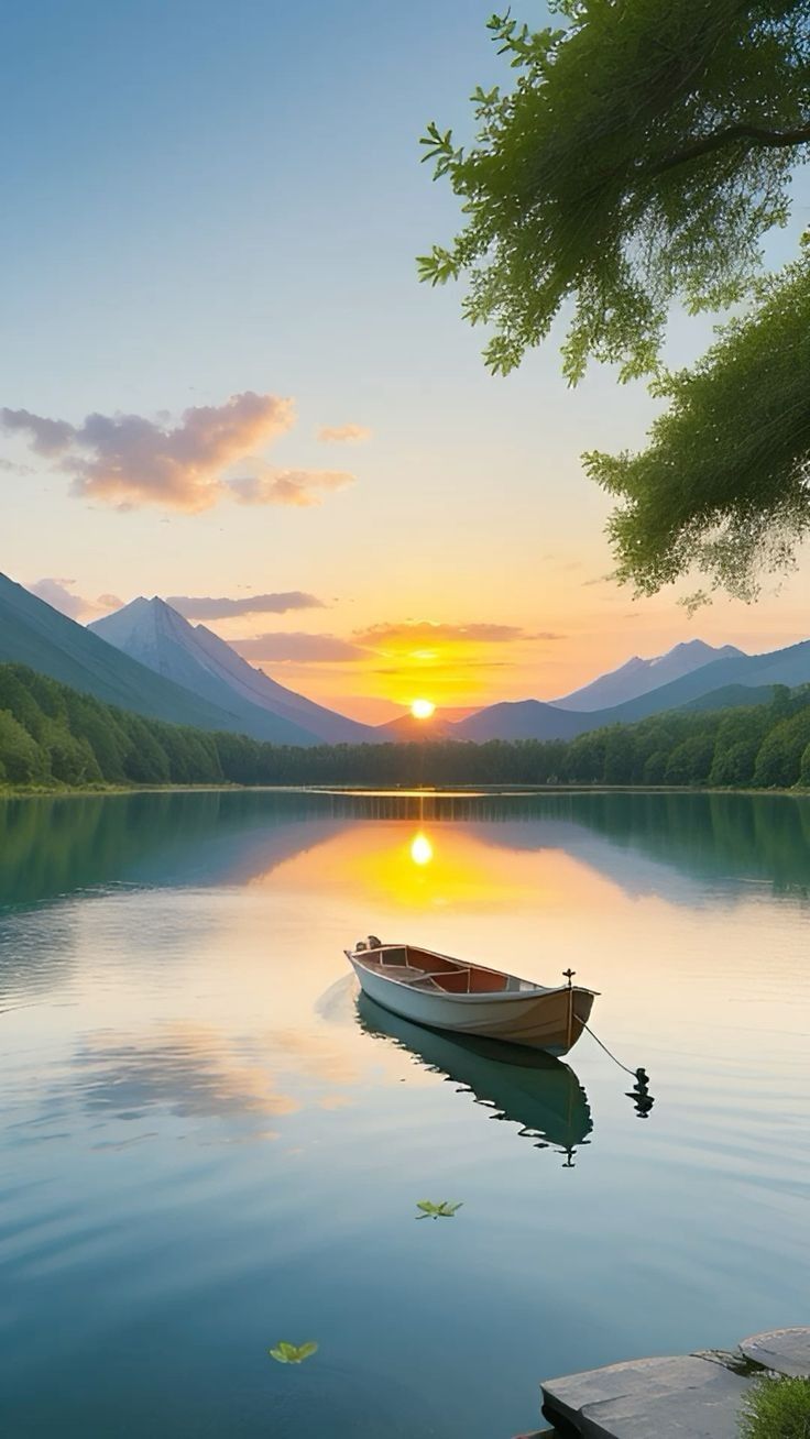 A small boat on a mirror-like lake at sunset between mountains.