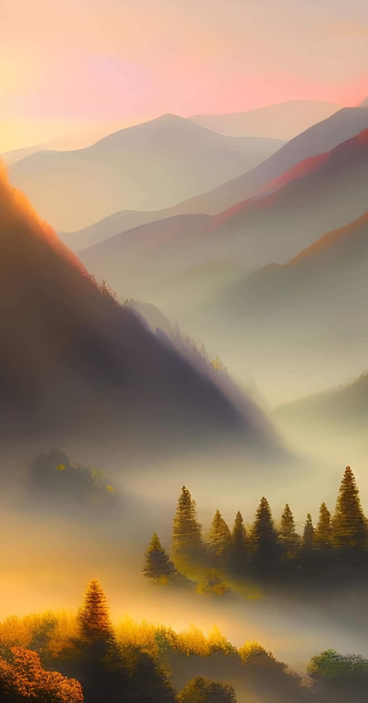 Misty layered hills and pine trees glowing in golden light, in a painted style.