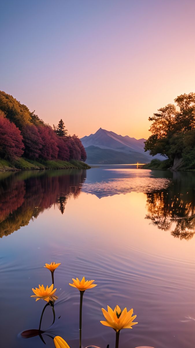 Sunset Lake and Yellow Flowers