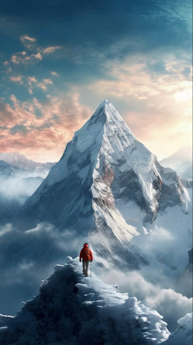 A climber on a snowy ridge before a towering mountain at sunset.