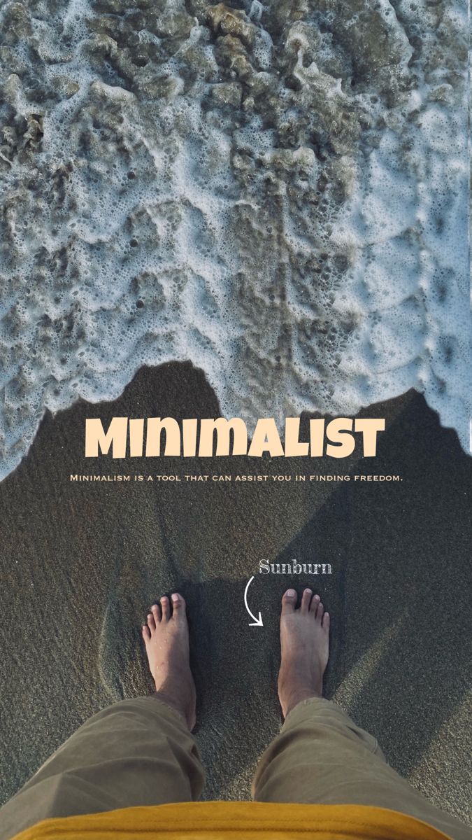 Bare feet on a rug seen from above, with "Minimalist" in white capitals over a textured background.