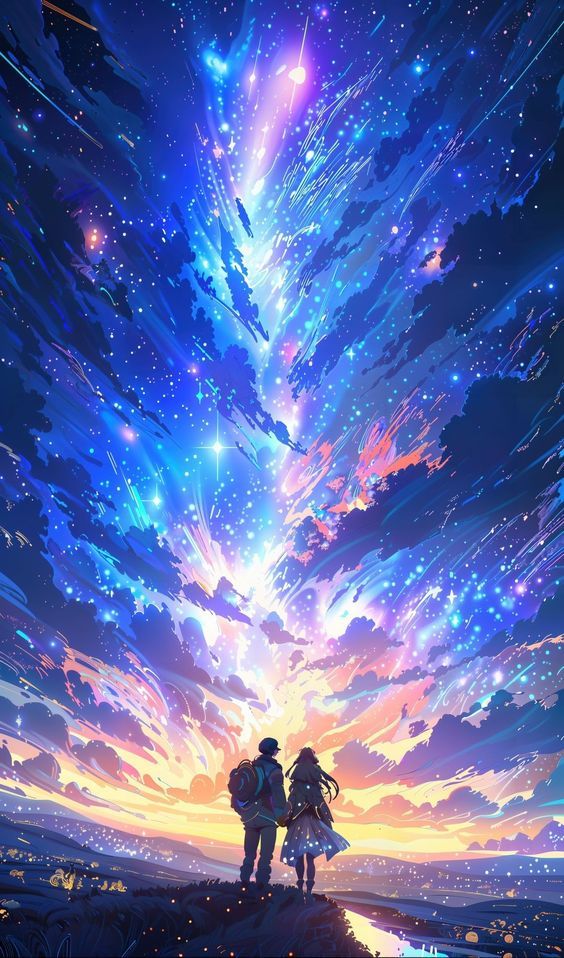 A couple standing on a hill beneath a swirling, colourful galaxy sky, in an anime style.