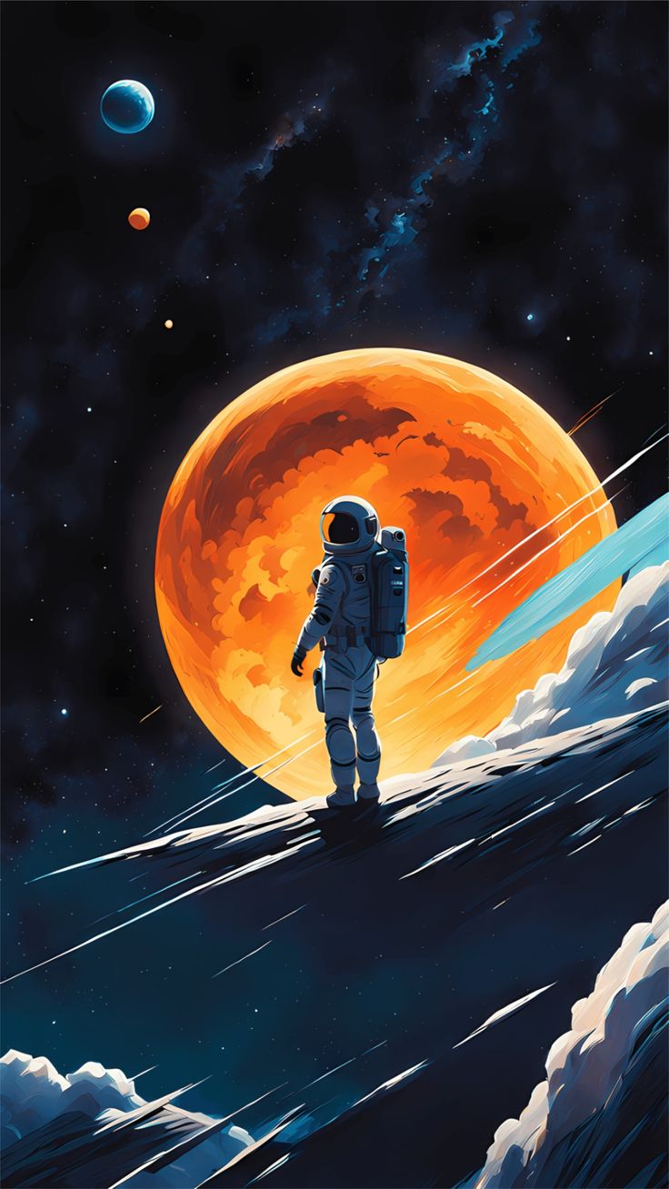 An astronaut standing on a rocky edge before a giant orange planet.