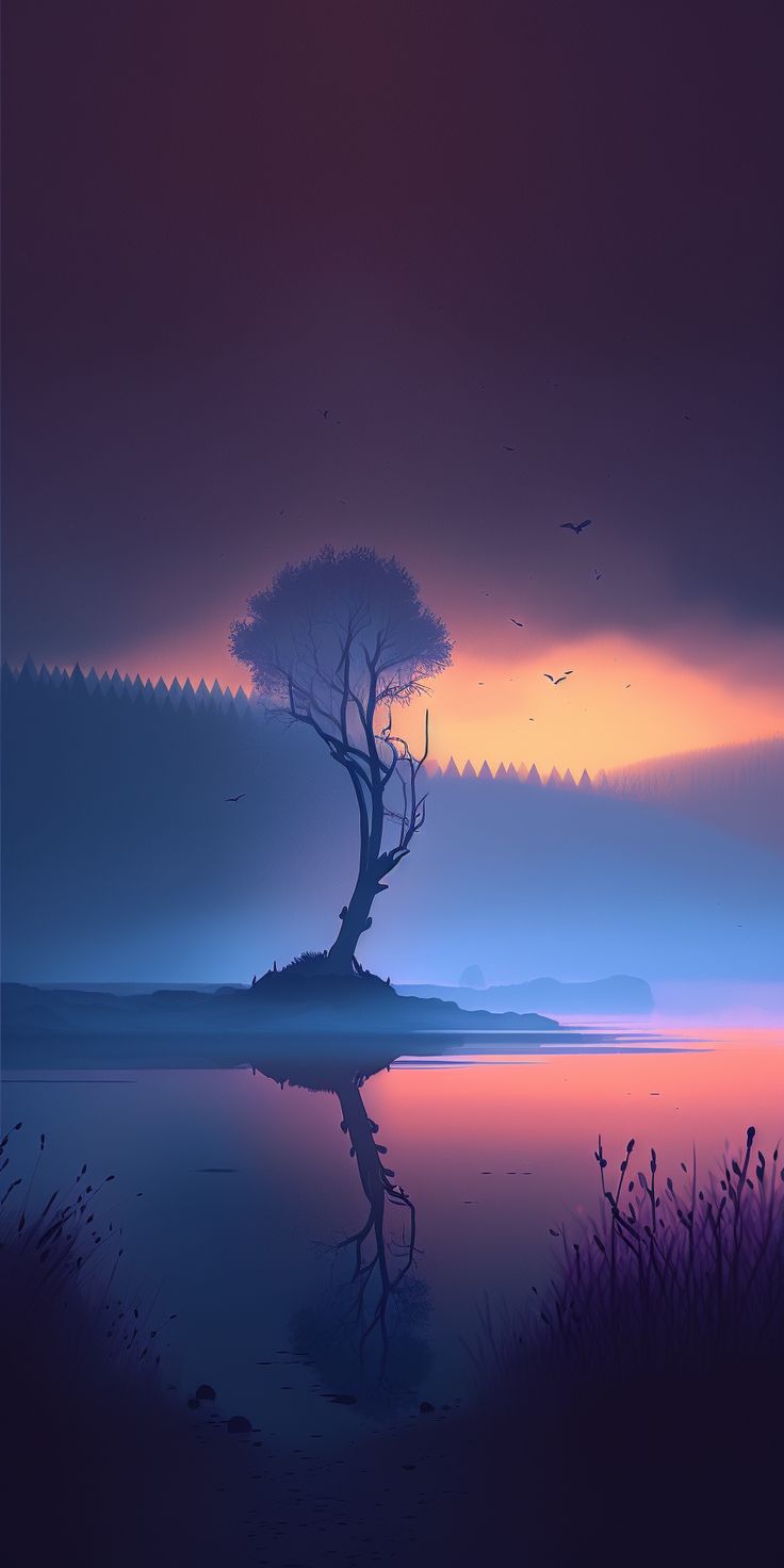 A lone tree on an island reflected in calm water under a purple and orange dusk.