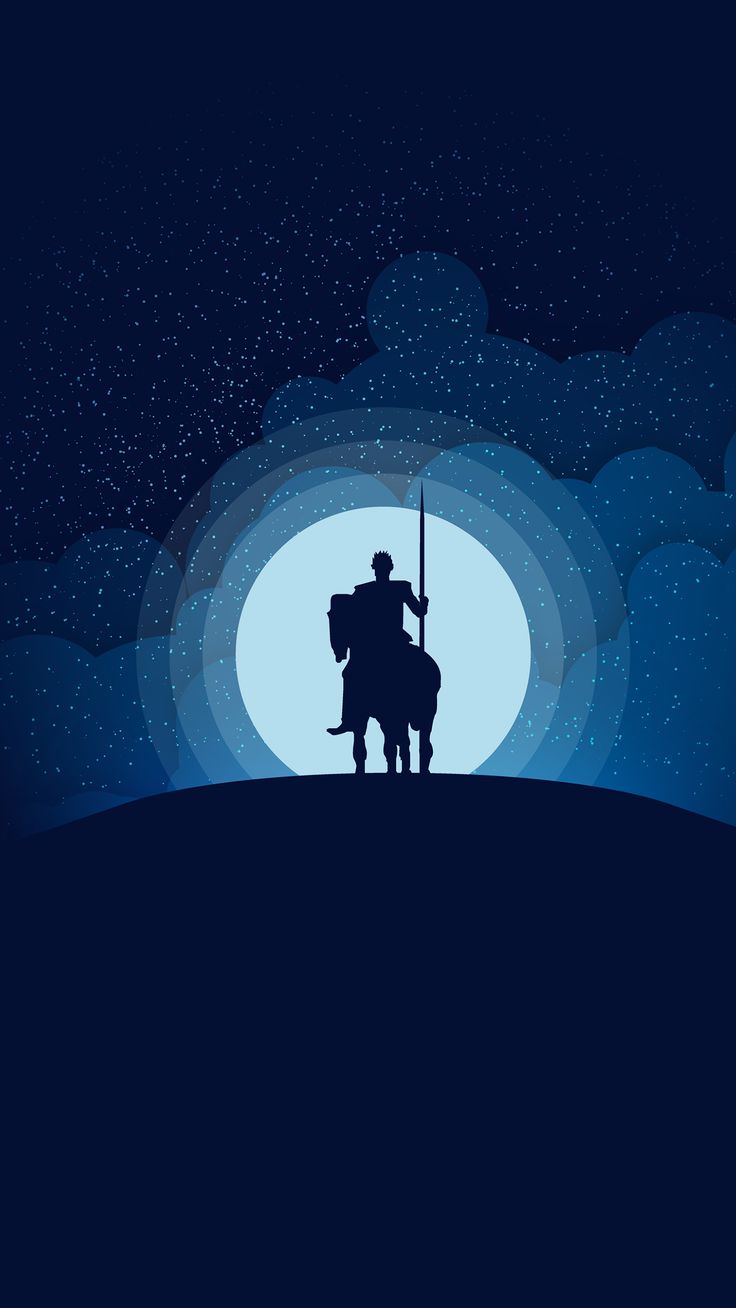 A lone knight on horseback silhouetted before a bright moon on deep blue.