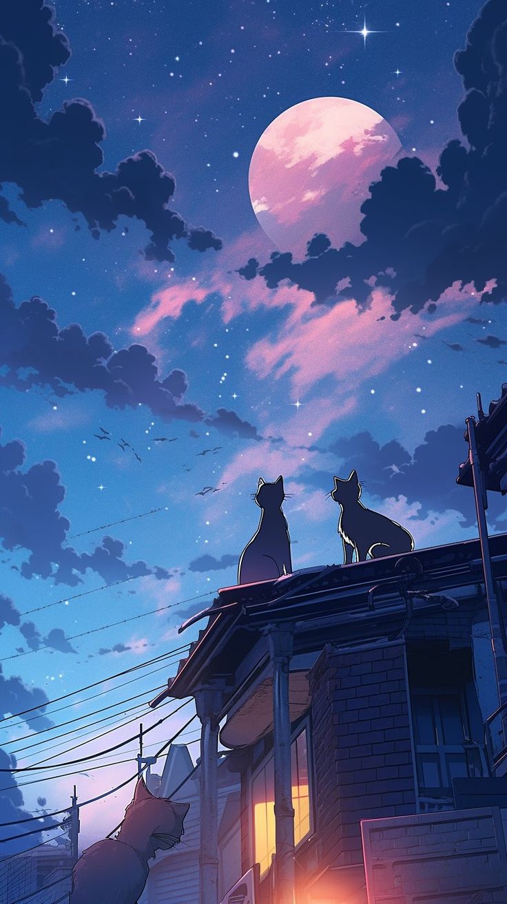 Anime Cats and Pink Moon