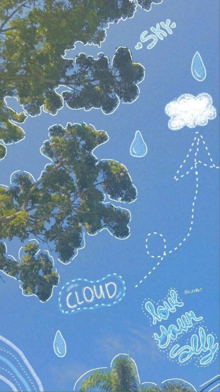 A playful blue-sky collage of green leaves, doodled clouds and handwritten words.