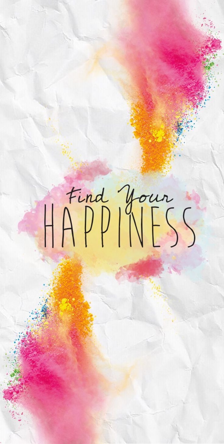 "Find your happiness" in grey script between pink and yellow watercolour on crumpled paper.