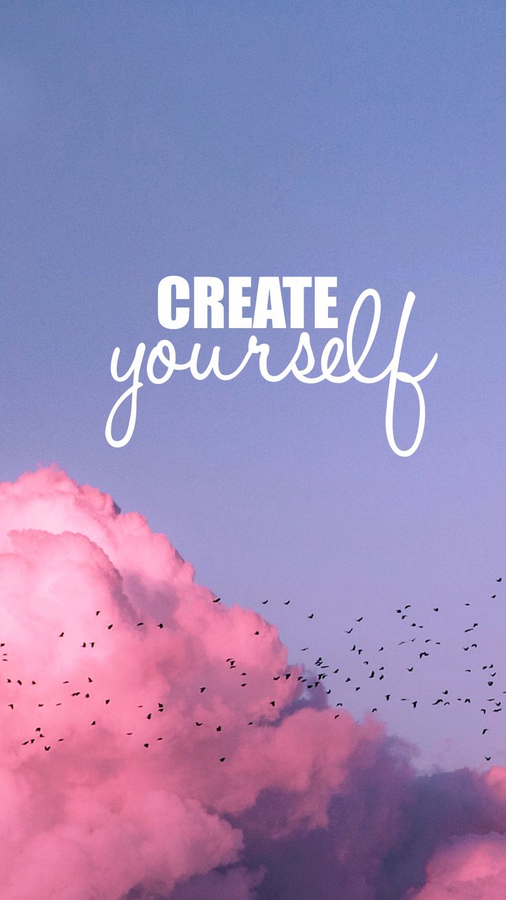 Bold white "Create" and script "yourself" above pink clouds and a flock of birds on violet.