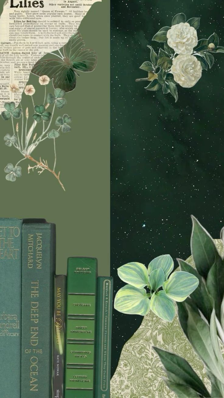 A vintage collage of green books, pressed flowers, leaves and old newspaper.