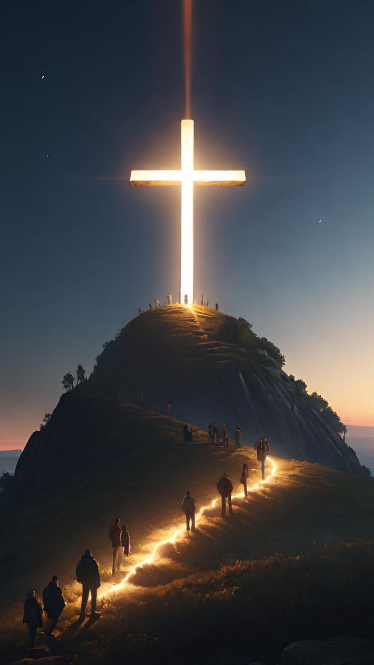 A glowing cross on a hilltop at night with a line of people climbing toward it.