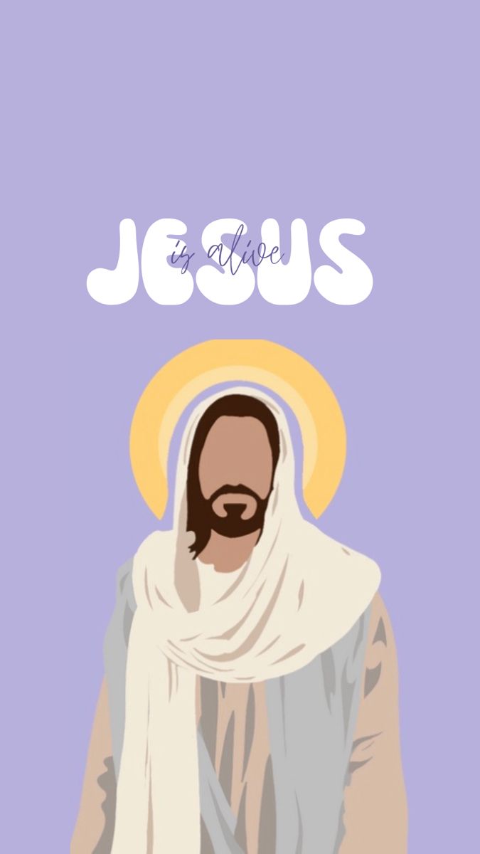 An illustrated Jesus with a golden halo beneath the word "Jesus" on lilac.
