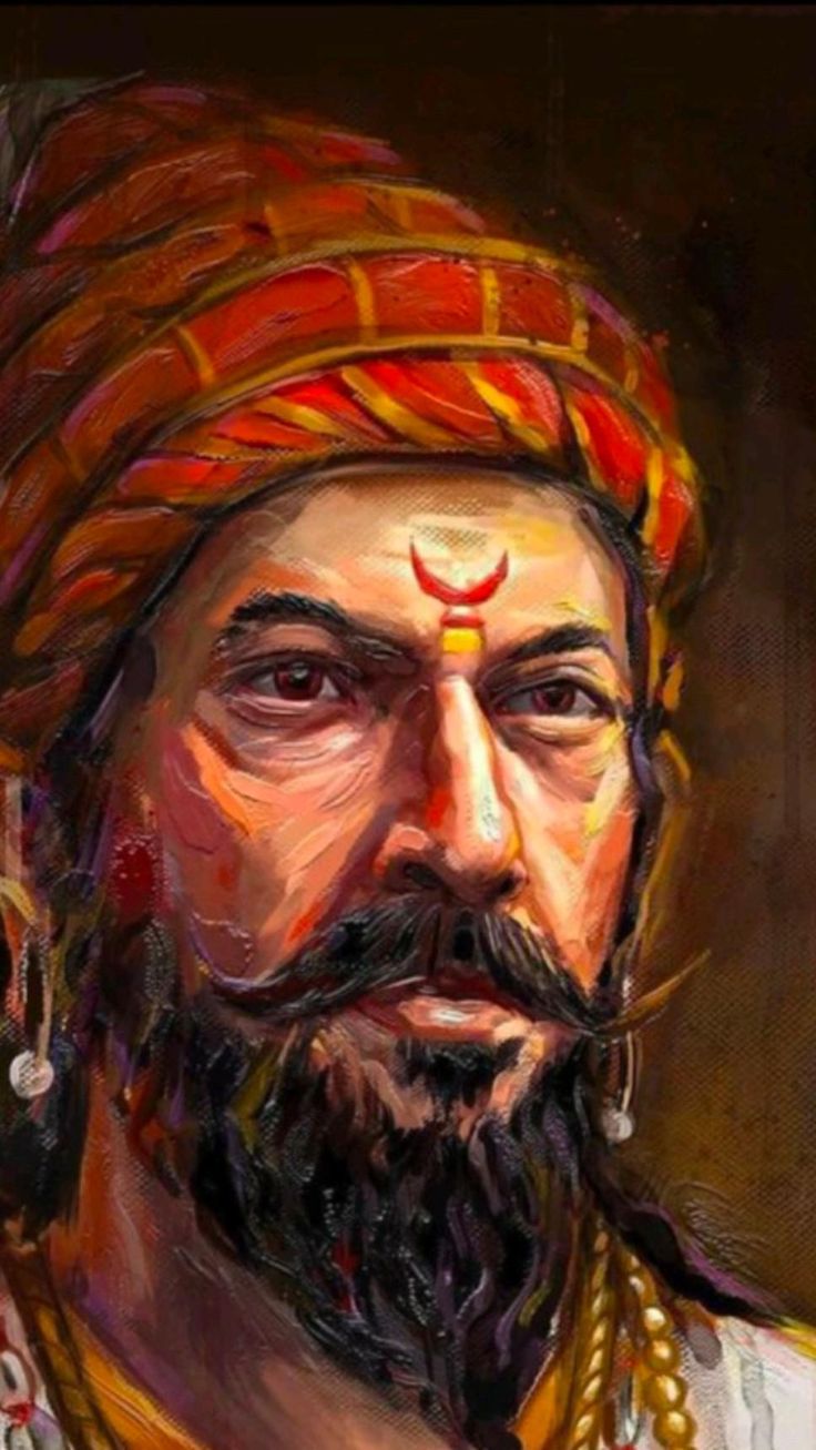 A painted portrait of Chhatrapati Shivaji Maharaj in a red turban.