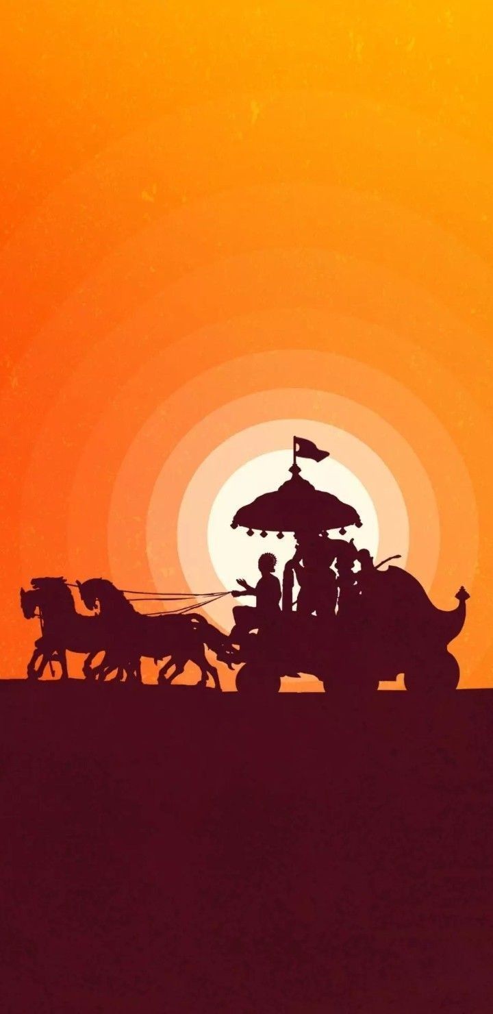 Krishna and Arjuna on a horse-drawn chariot, silhouetted against an orange setting sun.