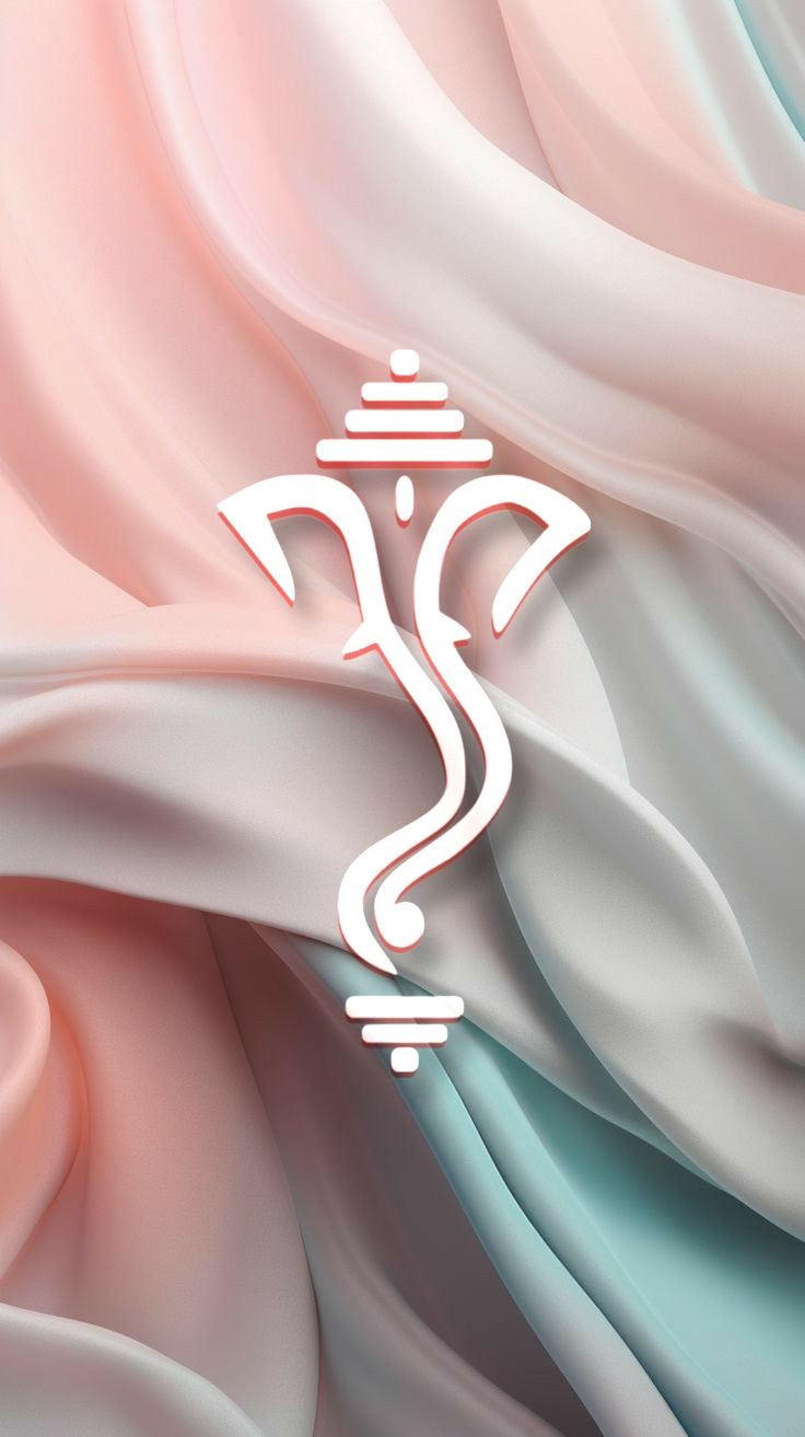 A white line-art Ganesha on draped pink and blue silk.