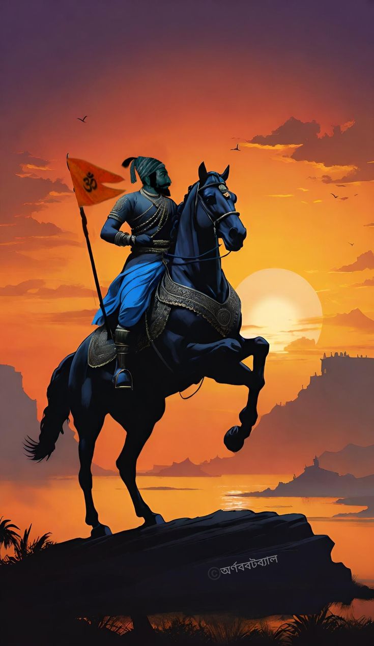A warrior on a rearing horse holding a flag against an orange sunset.