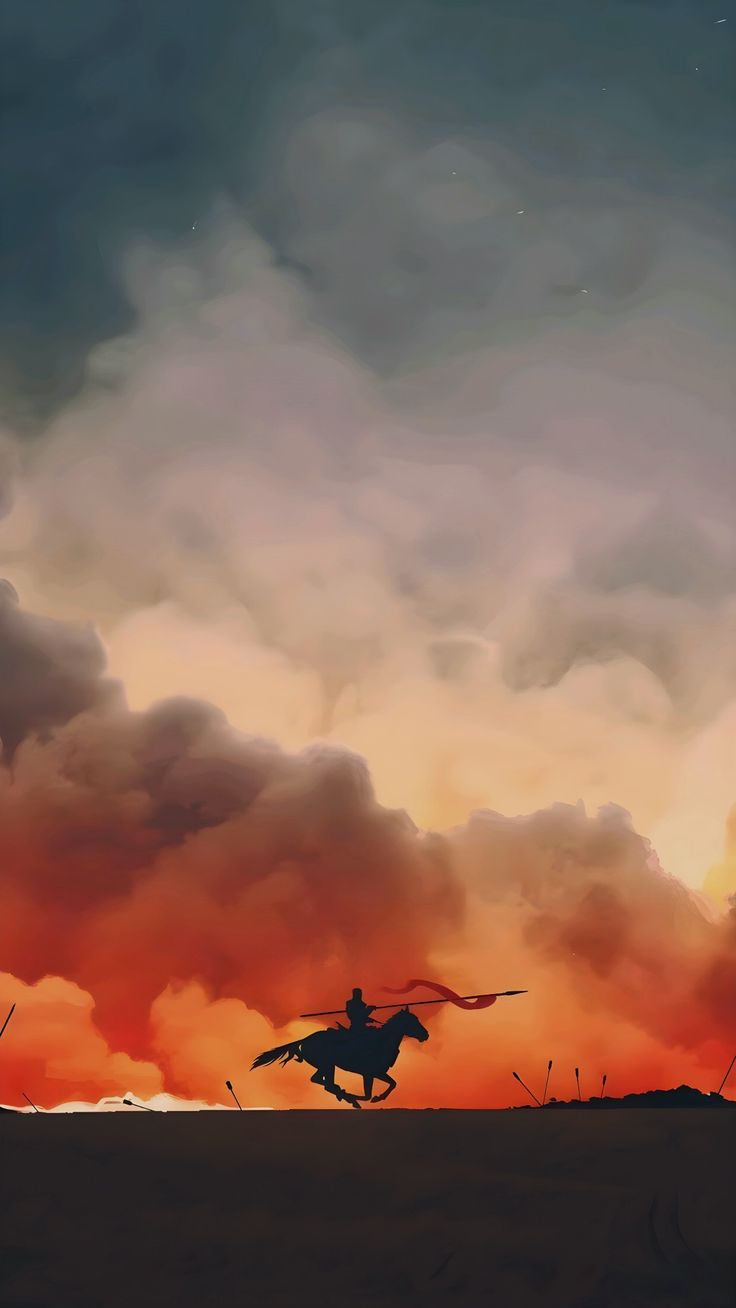 A rider galloping on horseback across a plain beneath fiery orange clouds.