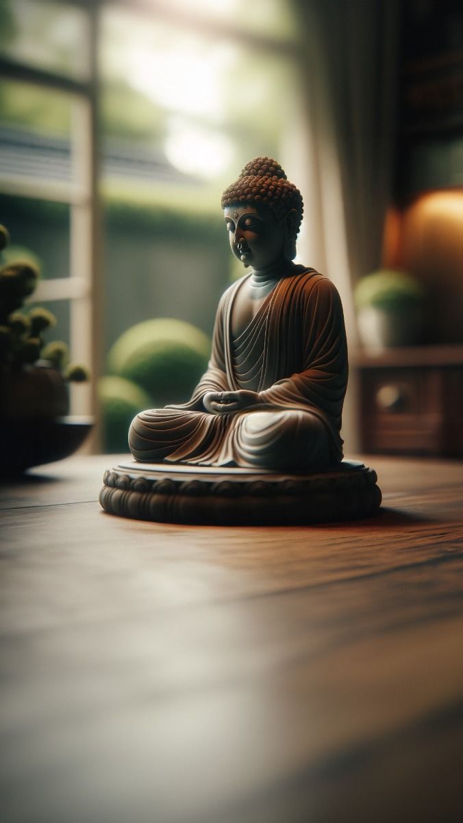 A small bronze Buddha statue on a wooden shelf in a softly lit room.