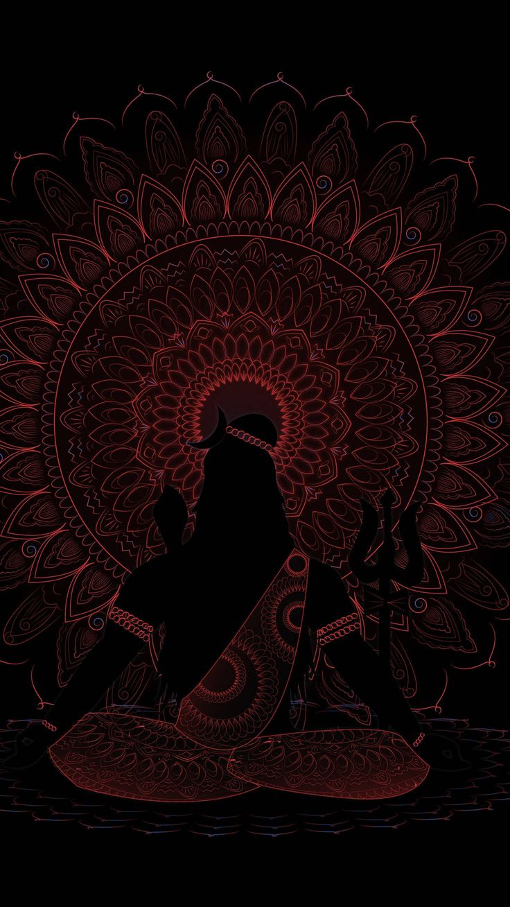 An intricate dark red mandala pattern around a meditating figure on black.
