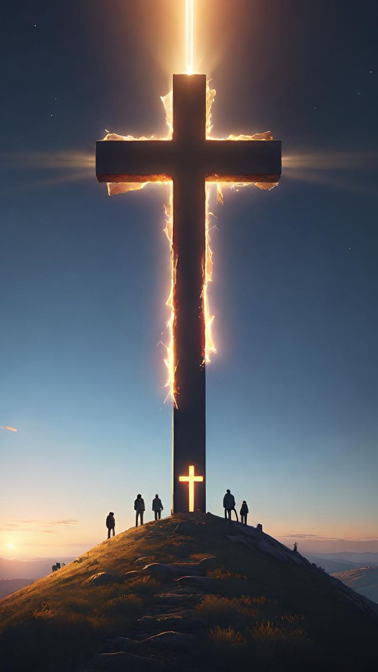 A tall glowing cross on a hilltop with small figures before it under a golden sky.