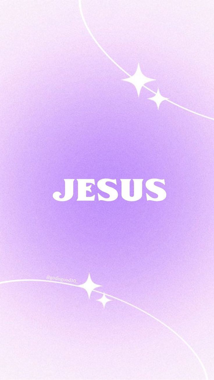 "Jesus" in white capitals with small sparkles and curves on lilac.