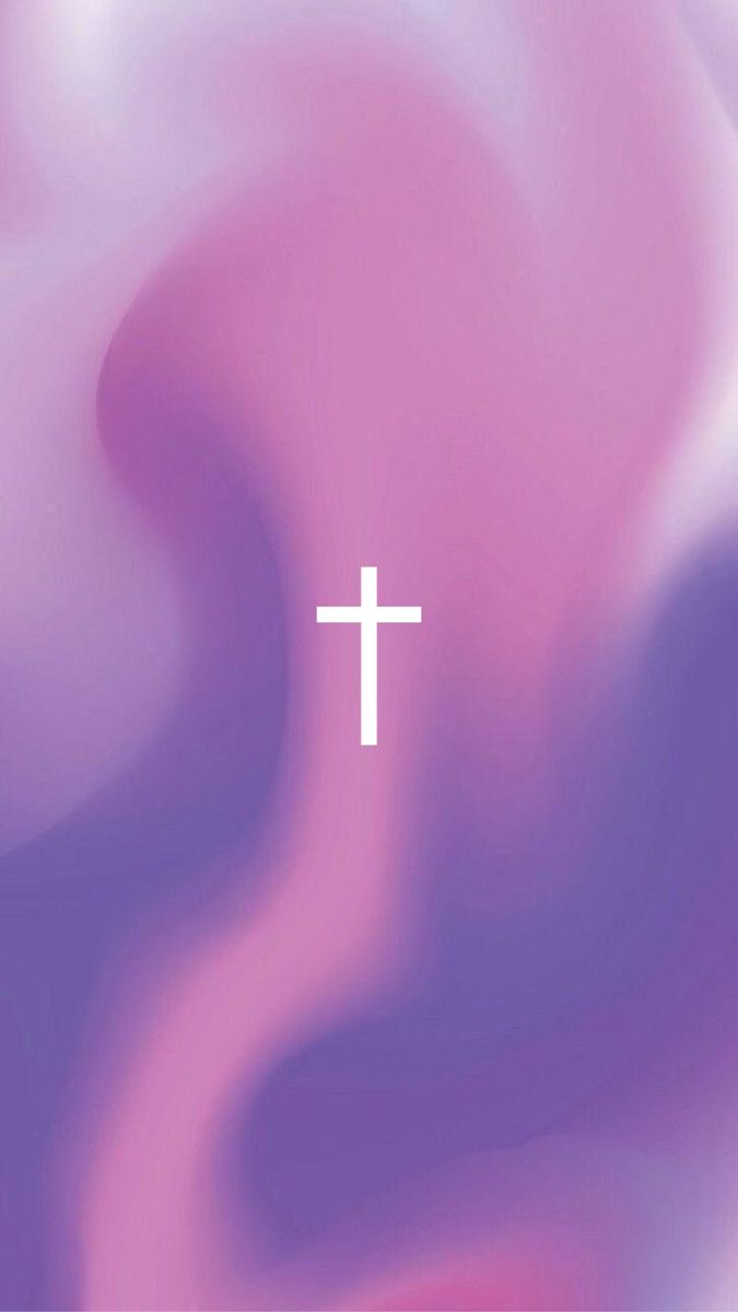 A white cross on flowing pink and purple silk-like light.