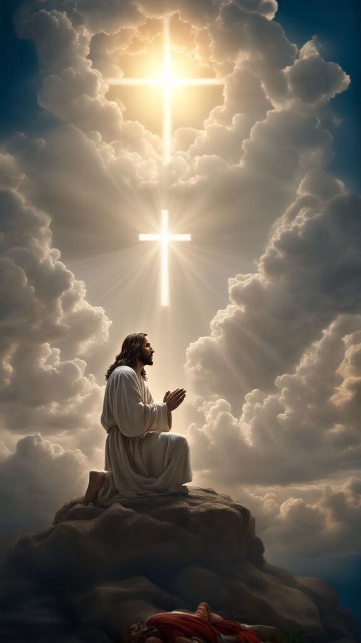 A figure praying on a rock beneath a glowing cross in the clouds.