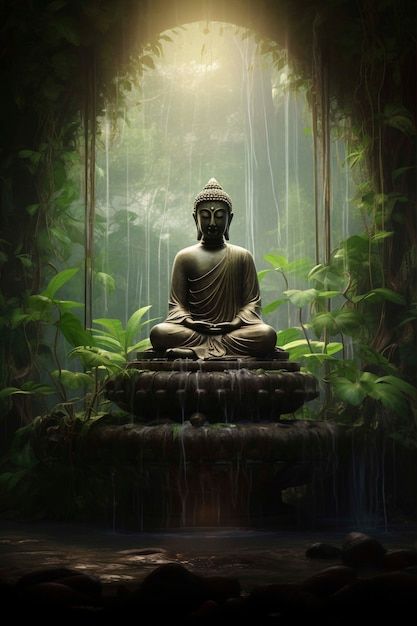 A stone Buddha statue meditating in a sunlit forest clearing.