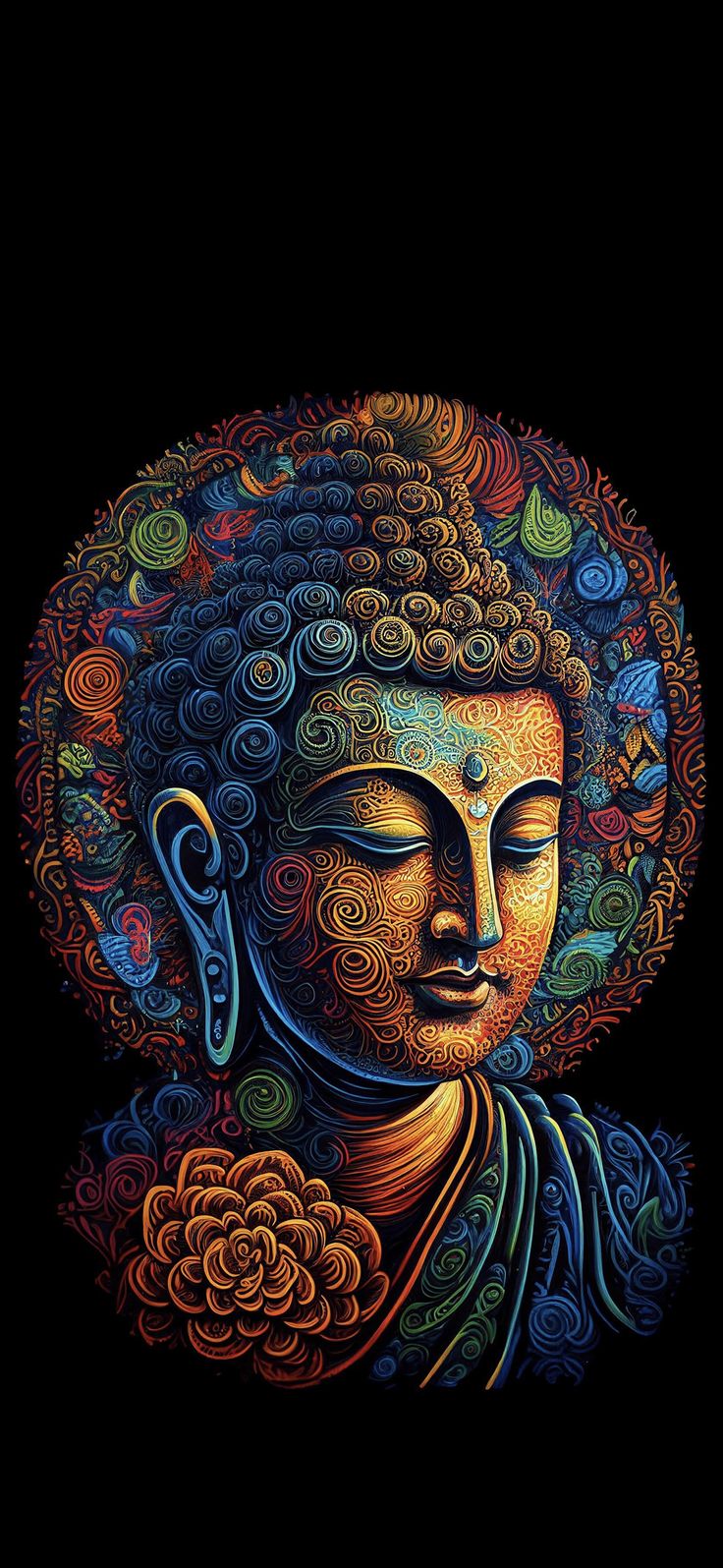 A detailed Buddha head surrounded by colourful carved patterns on black.