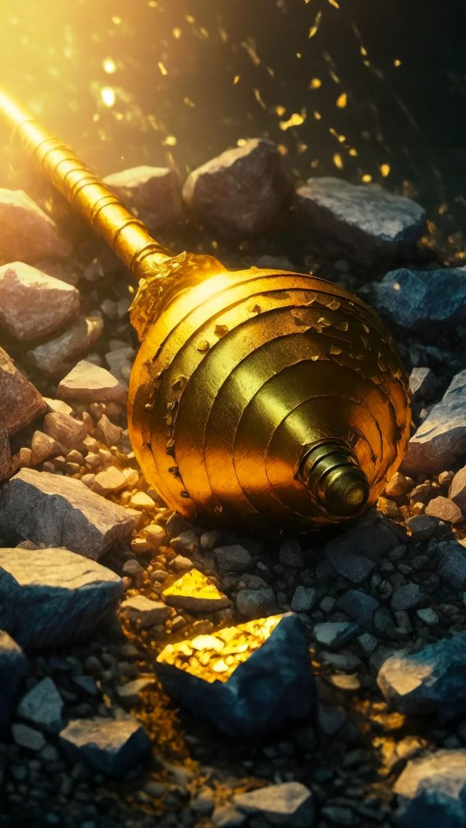 A golden hammer lying on dark rocks among sparks, in a dramatic 3D render.