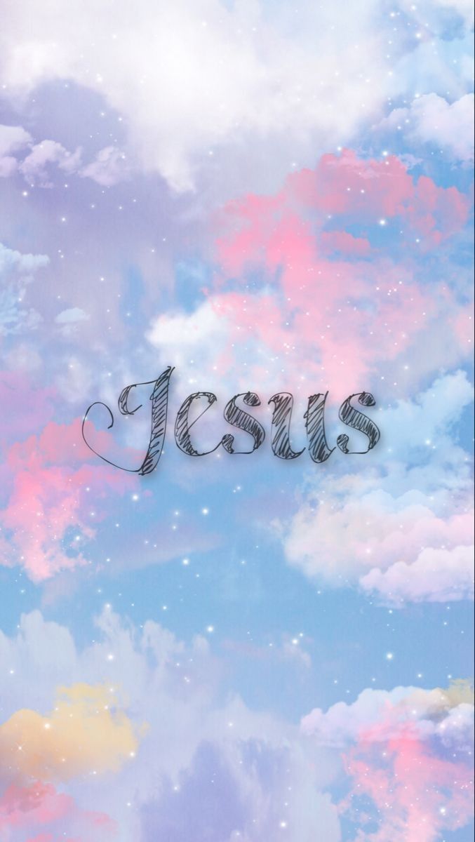 "Jesus" in silvery letters over soft pink, blue and lilac clouds.