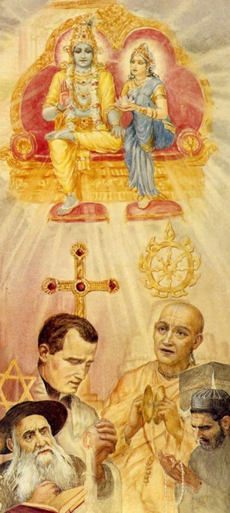 A vintage devotional collage with a Hindu deity and consort at the top, a cross in the middle and religious figures below.