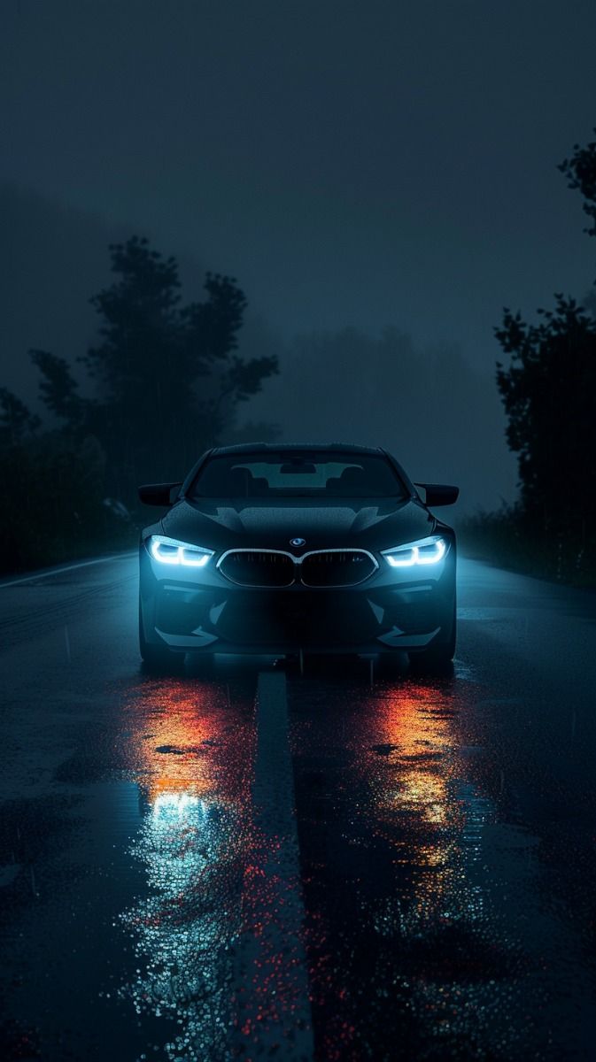 A dark car with glowing blue headlights on a wet road at night.