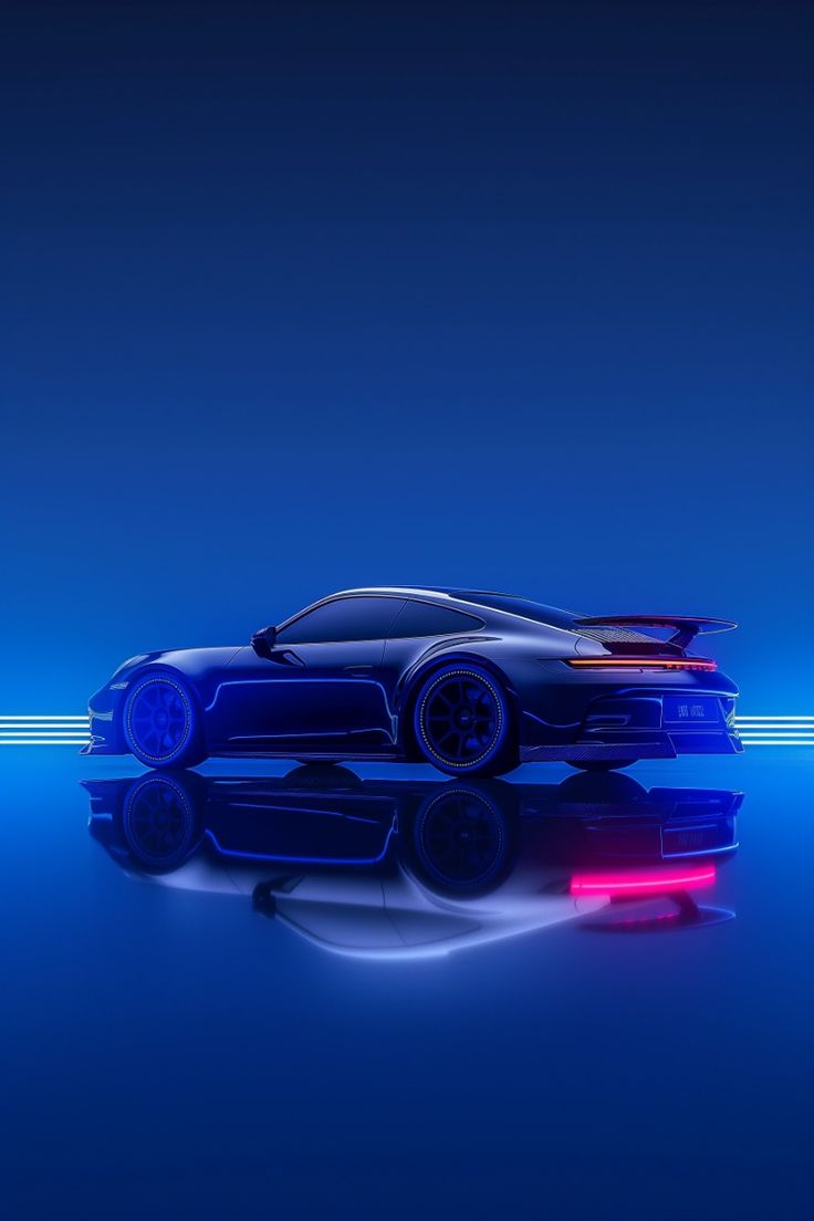 A sports car glowing in blue and red neon, reflected on a dark surface.