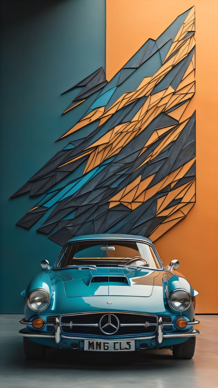 A vintage blue Mercedes 300SL in front of an angular metallic sculpture.