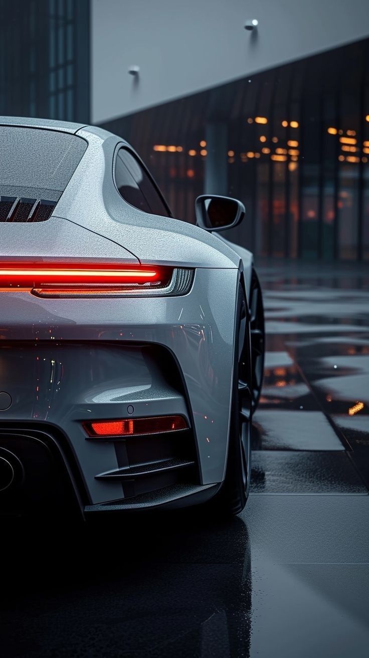 The rear of a white Porsche 911 on a wet city street at night.